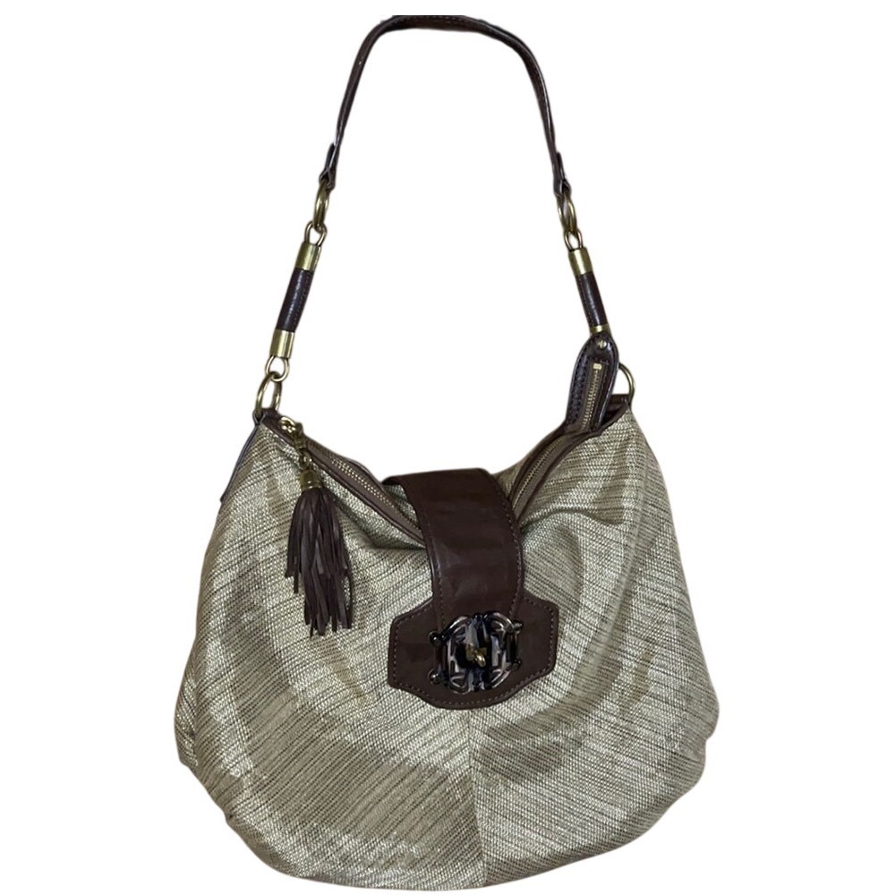 Cole Haan Collection Gold Metallic Woven Leather Hobo Bag Brow Tortoise Turnlock